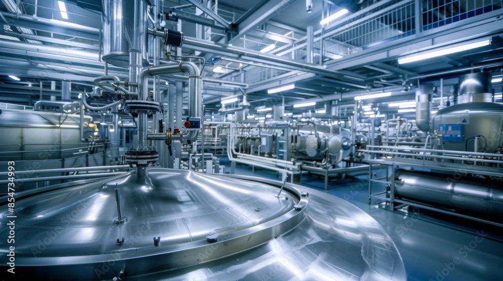 A view of the interior of a factory, with large steel vats and pipes, showing the industrial process in action. A view of the interior of a factory, with large steel vats and pipes, showing the industrial process in action.
