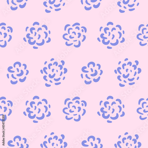 Vector floral seamless pattern. Abstract simple blue flowers in hand drawn style. Roses or peonies. Retro vibe. Cottage core. Design for fabric, wallpaper, wrapping paper, cover, invitation