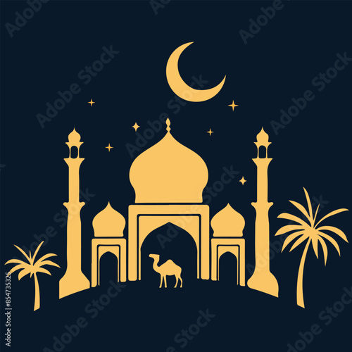 A golden mosque with a crescent moon and stars in the background, set against a black background.