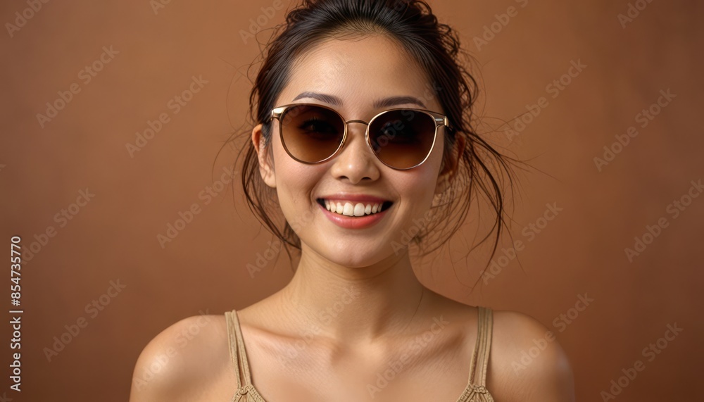 Portrait of an Asian woman with glasses on a brown background Portrait of an Asian woman with glasses on a brown background