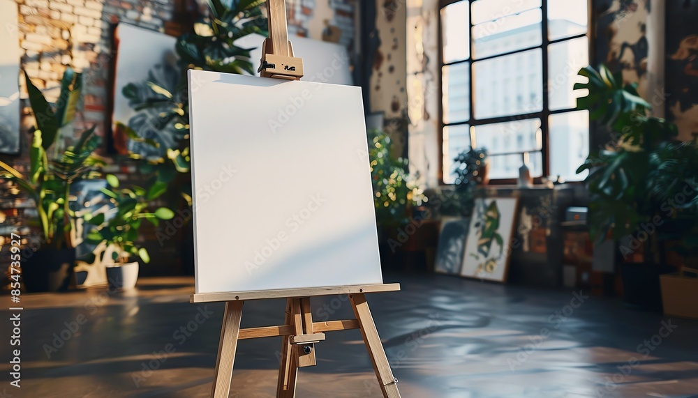 A blank canvas stands on an easel as part of an elegant event setup, inviting guests to leave their mark or showcasing an artistic presentation A blank canvas stands on an easel as part of an elegant event setup, inviting guests to leave their mark or showcasing an artistic presentation