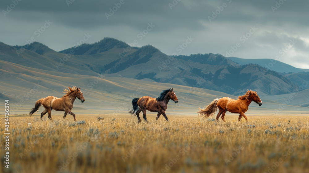 beautiful landscape of Xinjiang Altay, China, with farm, grassland, snow mountain, horses beautiful landscape of Xinjiang Altay, China, with farm, grassland, snow mountain, horses