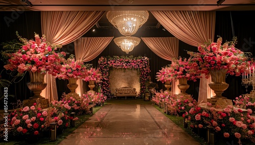 An elegant hall is lavishly decorated with lush pink flower arrangements, creating a luxurious and dreamy atmosphere for a grand event