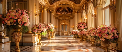 An elegant hall is lavishly decorated with lush pink flower arrangements, creating a luxurious and dreamy atmosphere for a grand event