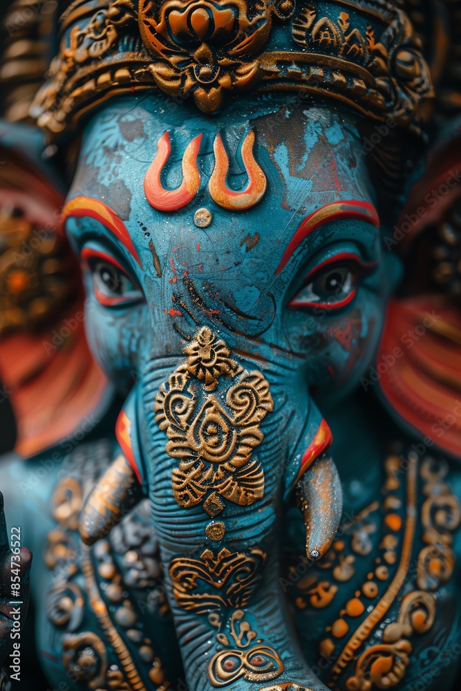 Fototapeta premium Closeup of a colorful Ganesha statue, intricate details, soft background blur