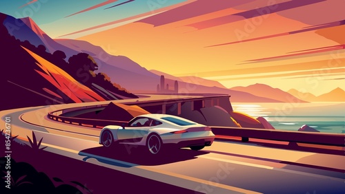 Car on the road in the mountains at sunset. Vector illustration.