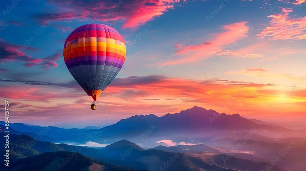 Obraz premium Vibrant Hot Air Balloon Soaring Over Majestic Mountain Range at Dramatic Sunrise Skyline