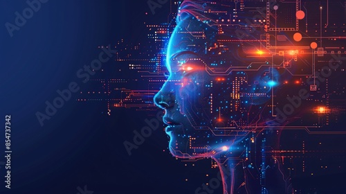 Futuristic AI concept illustration showing human head integrated with glowing data circuits, symbolizing artificial intelligence and technology. photo