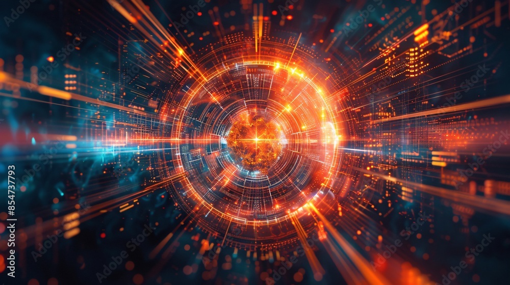 Futuristic digital technology background with glowing orange and blue lights, showcasing high-tech innovation and data transfer. Futuristic digital technology background with glowing orange and blue lights, showcasing high-tech innovation and data transfer.