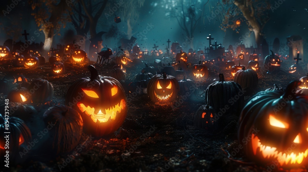 Naklejka premium Spooky Jack-o'-Lanterns in Haunted Graveyard 