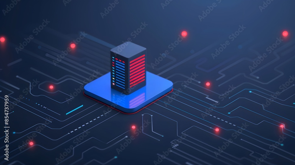 Fototapeta premium Futuristic server center on blue circuit board with glowing red lights. Concept of technology, data storage, cloud computing, and digital security.