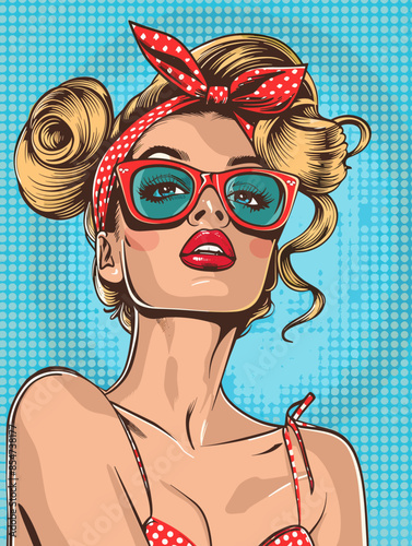 Pop art beautiful blonde woman in pin up style. Vector illustration