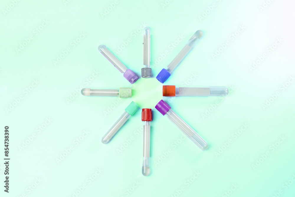 medical tubes and a bottle of analysis blood in a pharmaceutical laboratory blue background copy space medical tubes and a bottle of analysis blood in a pharmaceutical laboratory blue background copy space