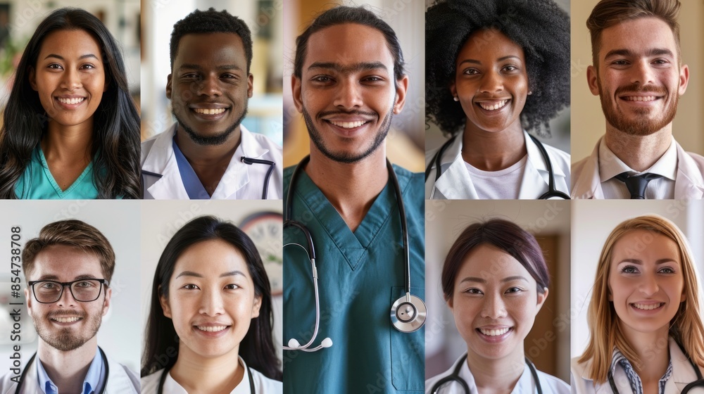 Illustrate the empathy and resilience of nurses and doctors with a montage of smiling headshots, conveying a sense of reassurance and support. Illustrate the empathy and resilience of nurses and doctors with a montage of smiling headshots, conveying a sense of reassurance and support.