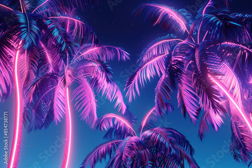 Palm trees lit by neon lights at night. Vacation travel concept.