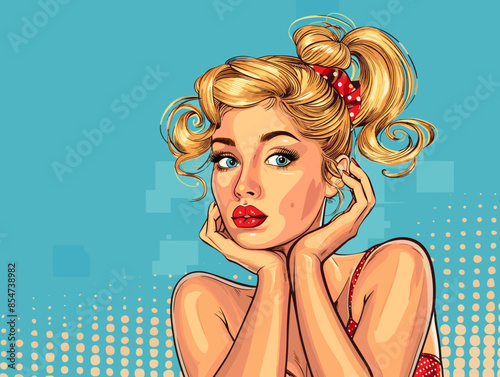 Pop art beautiful blonde woman in pin up style. Vector illustration
