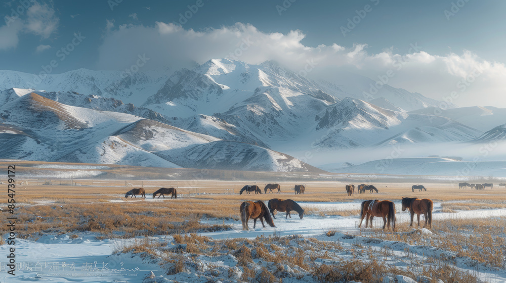 Obraz premium beautiful landscape of Xinjiang Altay, China, with farms, grassland, snow mountain, horses and flowers