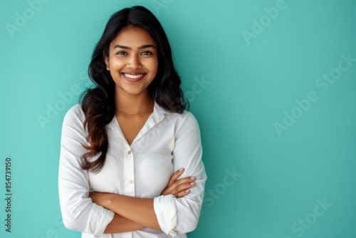 Portrait of a merry indian woman in her 30s with arms crossed isolated in soft teal background photo