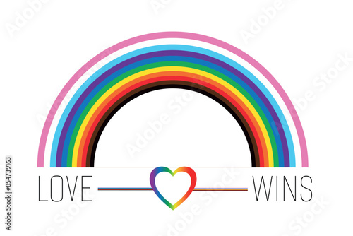 Love wins Text. rainbow, gender equality. LGBT rainbow flag and slogan lettering quote with heart isolated on the white background. photo overlays, greeting card or t-shirt print, poster design