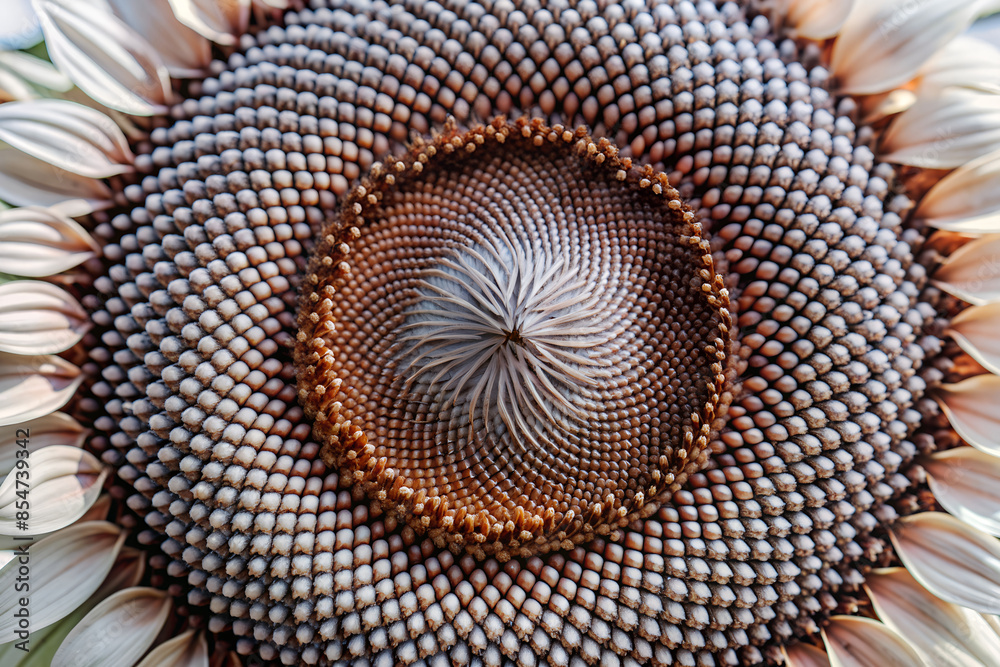 Close-up of the center of a sunflower, focusing on the seeds and spiral patterns Close-up of the center of a sunflower, focusing on the seeds and spiral patterns