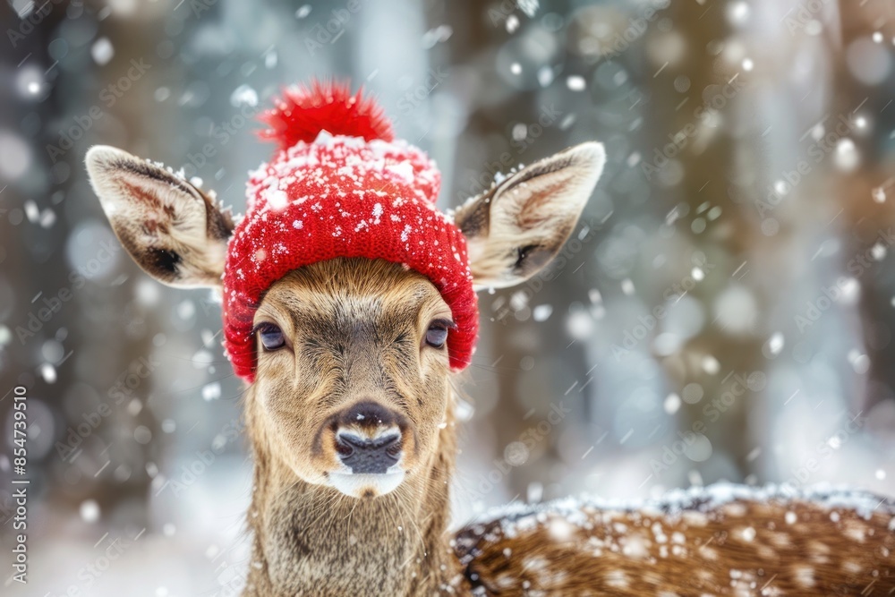 Winter's Whimsy: A Festive Deer Adorned with a Red Knitted Hat Captures the Holiday Spirit - Generative AI Winter's Whimsy: A Festive Deer Adorned with a Red Knitted Hat Captures the Holiday Spirit - Generative AI