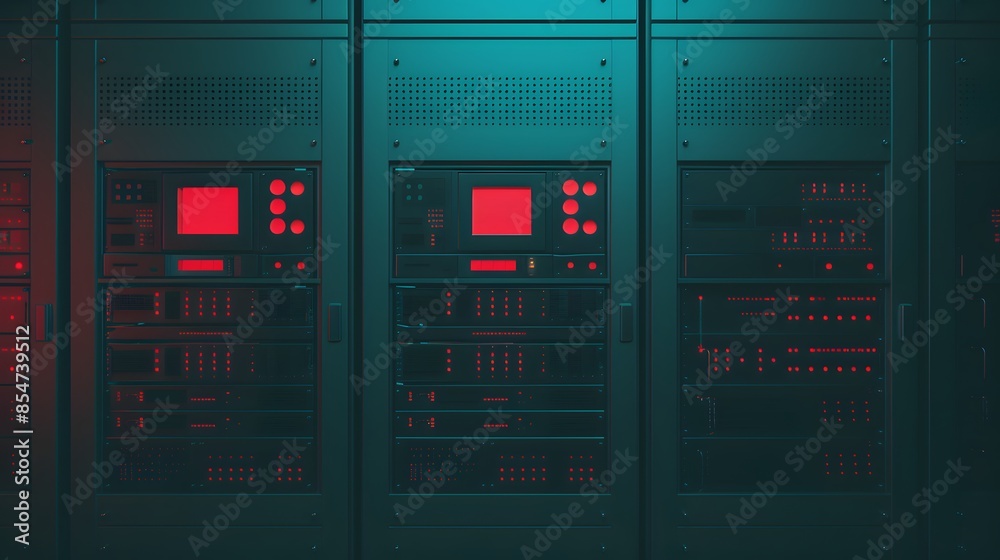 Three illuminated server racks in a dark, moody data center with glowing red panels, highlighting modern technology and cybersecurity. Three illuminated server racks in a dark, moody data center with glowing red panels, highlighting modern technology and cybersecurity.