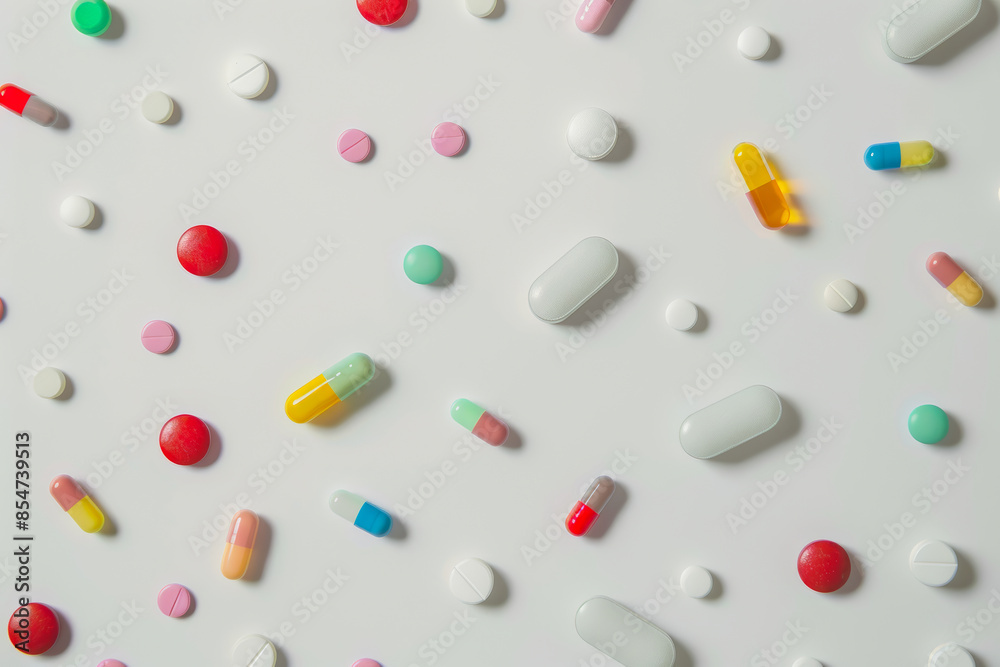 A colorful array of pills scattered across a white background A colorful array of pills scattered across a white background