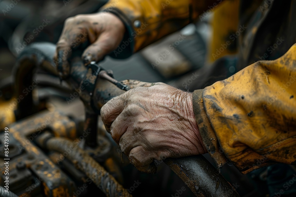 A man is working on a machine with dirty hands A man is working on a machine with dirty hands