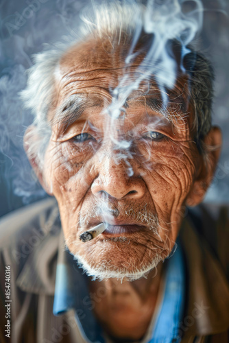 An old man is smoking a cigarette and looking at the camera