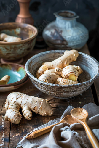 A bowl of ginger sits on a table next to a vase and a spoon