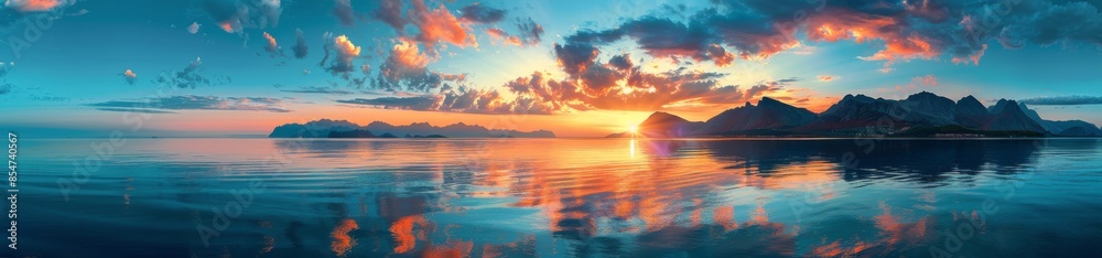 Serene Sunset Over Mountains and Calm Water Serene Sunset Over Mountains and Calm Water