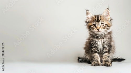 Maine Coon kitten posing in studio with white background Adorable young cat gazes at camera Pet care theme with room for text
