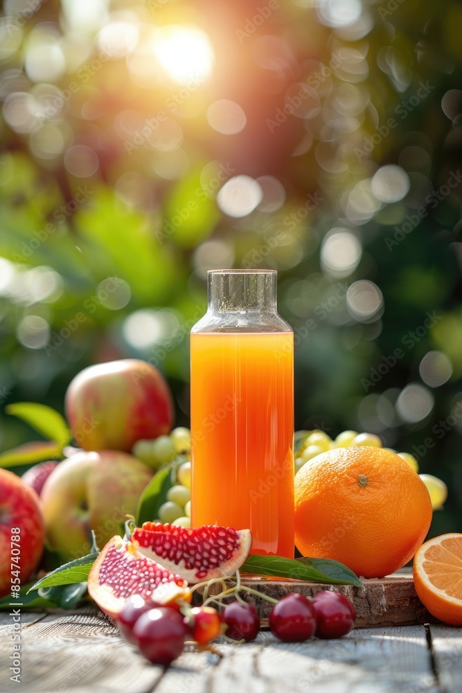 freshly squeezed multivitamin juice on the background of the garden. Selective focus freshly squeezed multivitamin juice on the background of the garden. Selective focus