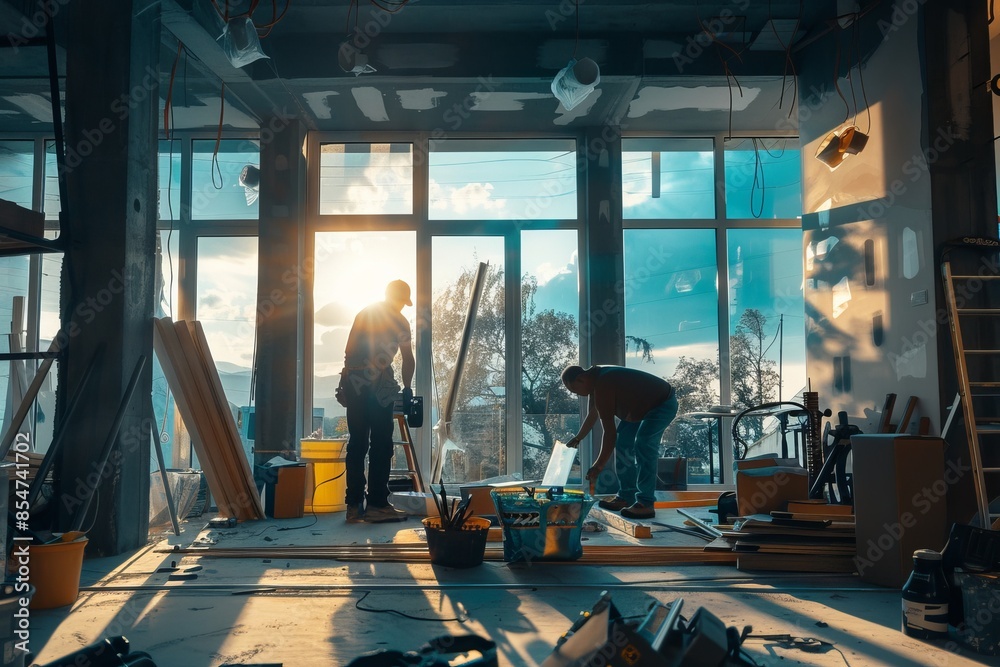 Fototapeta premium Two men are working in a room with a lot of debris and construction materials