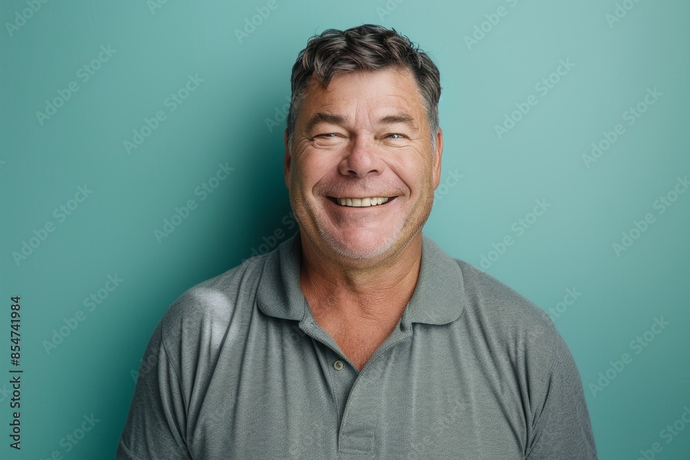 Portrait of a content man in his 50s smiling at the camera on soft teal background Portrait of a content man in his 50s smiling at the camera on soft teal background