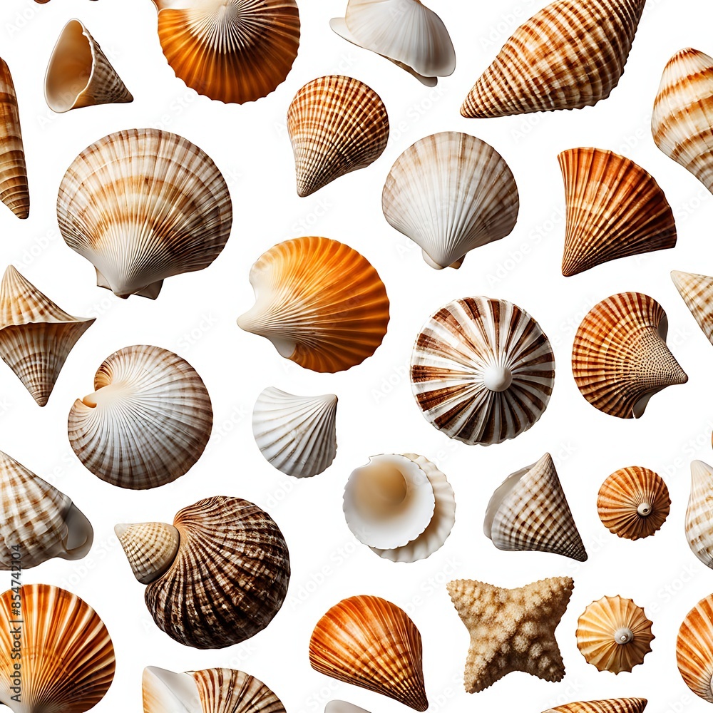Background of seashells isolated on a white background. Perfect for use in design, advertising, and marine or nature-themed projects. Close up, top view Background of seashells isolated on a white background. Perfect for use in design, advertising, and marine or nature-themed projects. Close up, top view