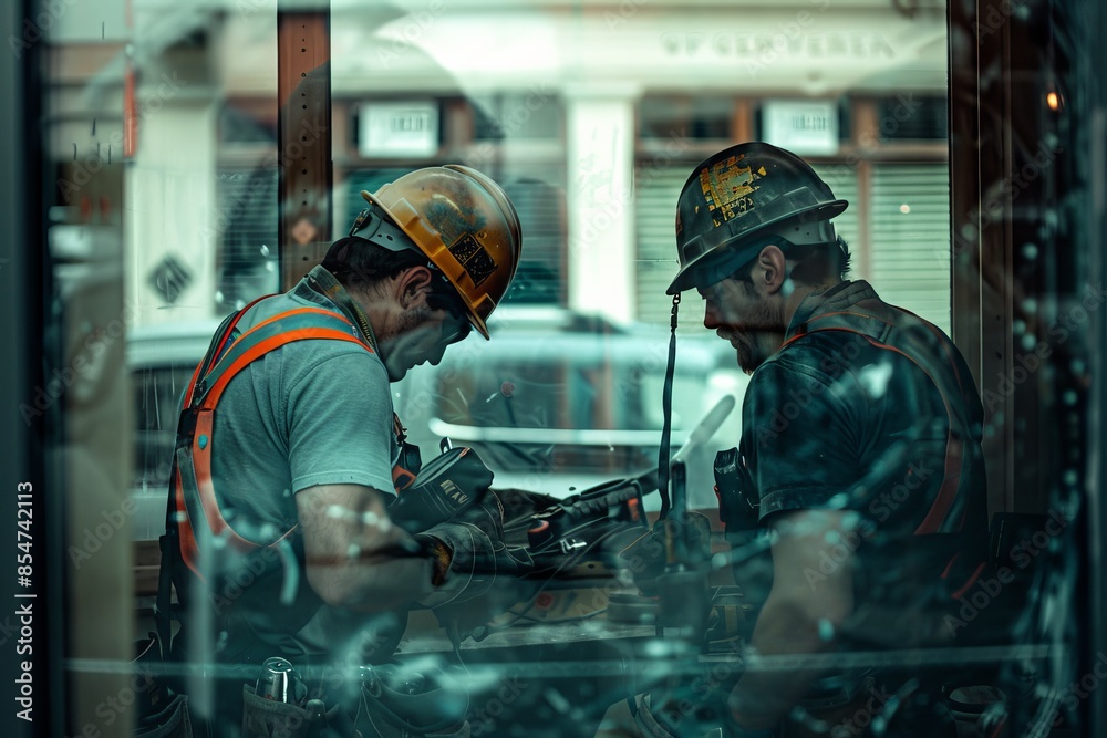 Obraz premium A man in a hard hat is painting a window
