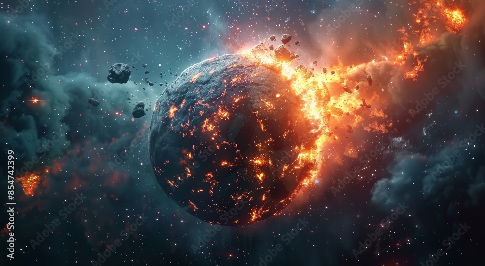 Obraz premium Fiery Asteroid Impact on Planet Surface With Debris Field