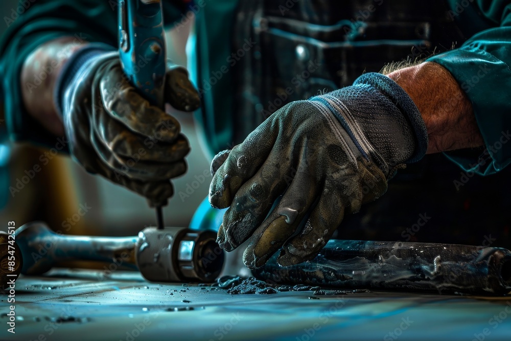 A man is working on a project with his hands covered in grease A man is working on a project with his hands covered in grease