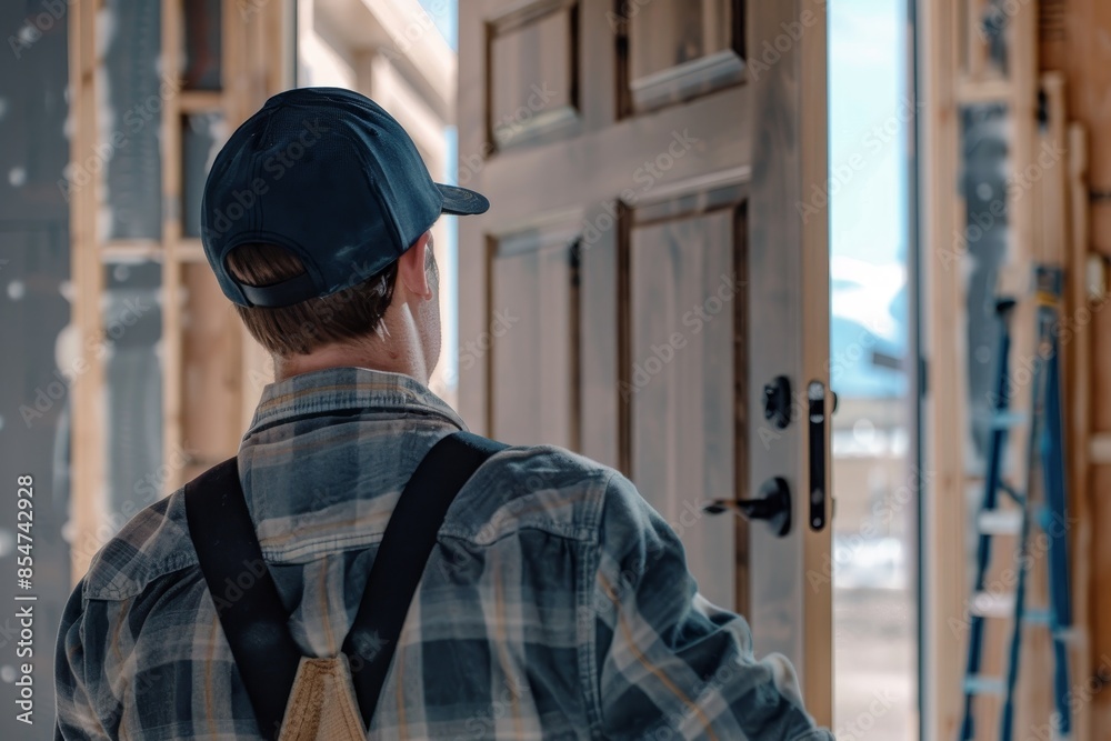 A man in a blue hat and plaid shirt is standing in front of a door A man in a blue hat and plaid shirt is standing in front of a door
