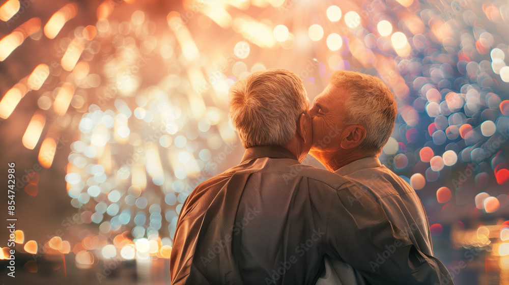 Obraz premium An older gay couple celebrates Independence Day. happy elderly gay couple looking at fireworks in american flag colors, photo with copy space.