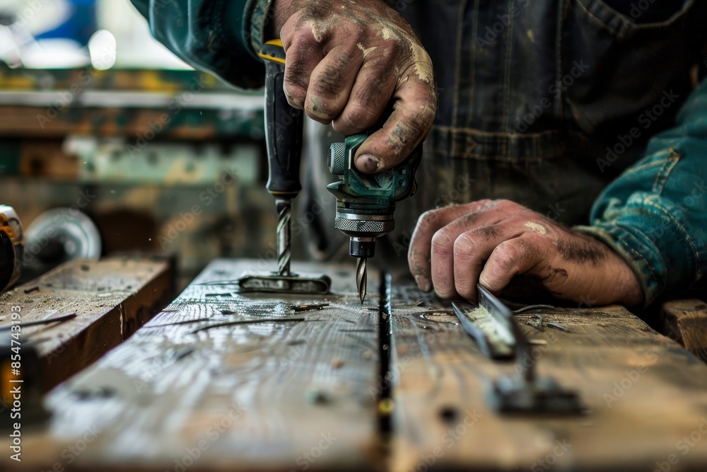 A man is working on a car engine, using a tool to tighten a bolt A man is working on a car engine, using a tool to tighten a bolt