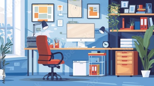 A cartoon illustration of a modern home office workspace with a desk, chair, computer, and shelves. © Emiliia