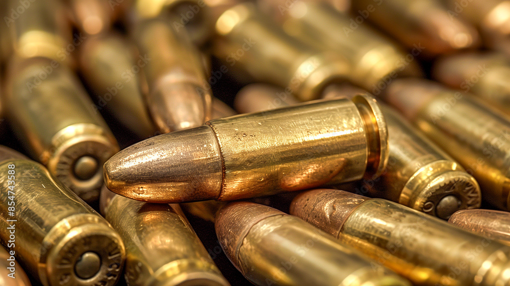 Brass bullet casings tightly packed, one in focus. Metallic sheen highlights textures Brass bullet casings tightly packed, one in focus. Metallic sheen highlights textures