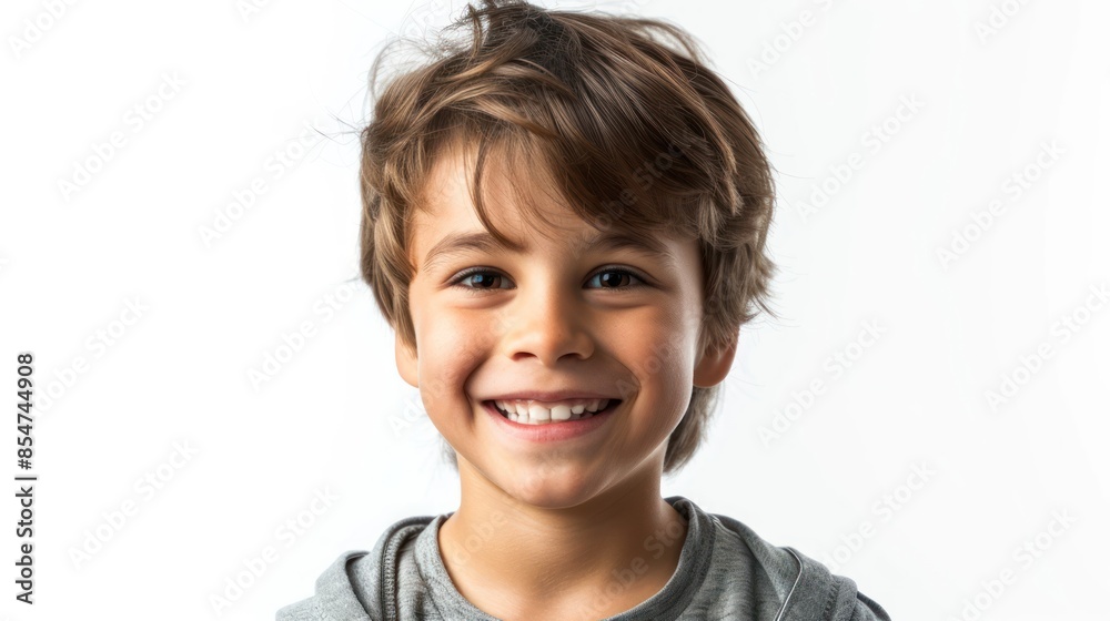 A confident young boy with a bright smile, radiating innocence and charm against a white backdrop. isolated white background A confident young boy with a bright smile, radiating innocence and charm against a white backdrop. isolated white background