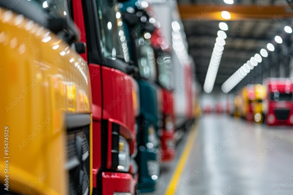 Row of Trucks in a Garage. Row of Trucks in a Garage.