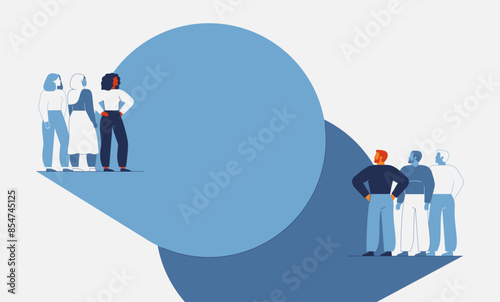 Communication between men and women. Inter-team information exchange and interaction. Gender conflicts and confrontations. Sharing ideas in professional occupation. Vector illustration