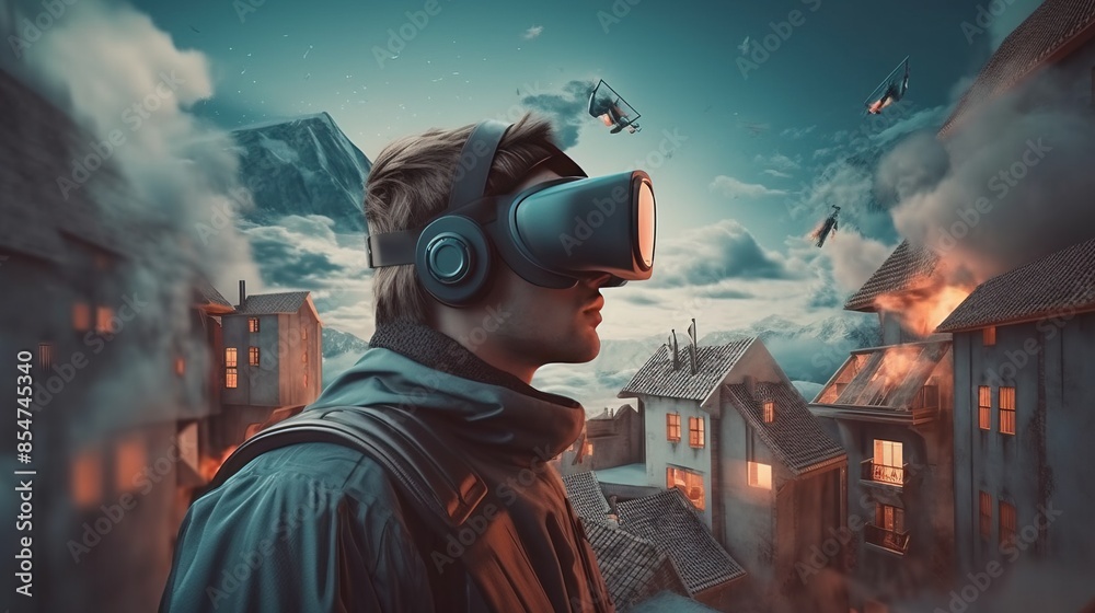 Young man in virtual reality headset VR glasses on background of metaverse. AI generated. Young man in virtual reality headset VR glasses on background of metaverse. AI generated.