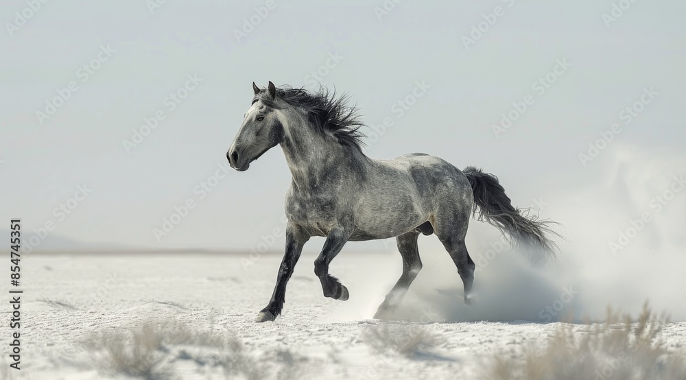 A Grey Horse Running Through A Dusty Desert Landscape A Grey Horse Running Through A Dusty Desert Landscape