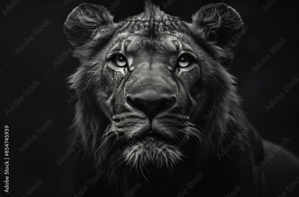 Fototapeta premium Black And White Lion Portrait In Low Light